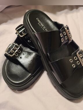 Christian Di Ricco Black Patent Double Buckle Slide Sandals